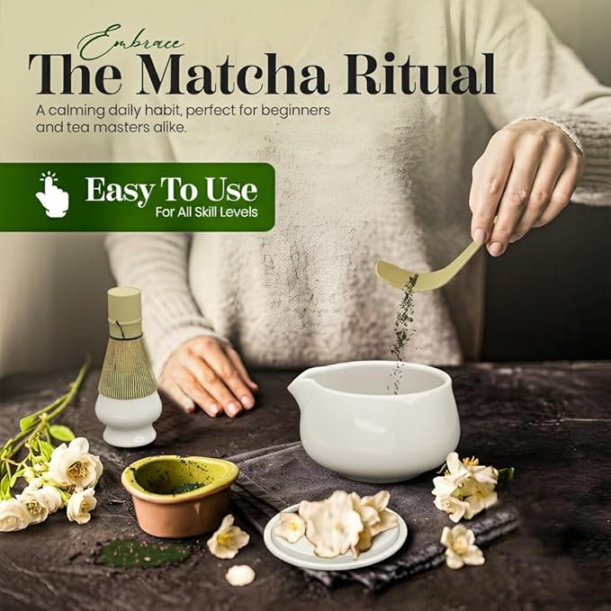 NEXTLUXE Matcha Whisk Set – Traditional Bamboo Chasen with Ceramic Bowl, Matcha Bowl and Whisk Kit - Measurement Lines, Spoon & Lid – White