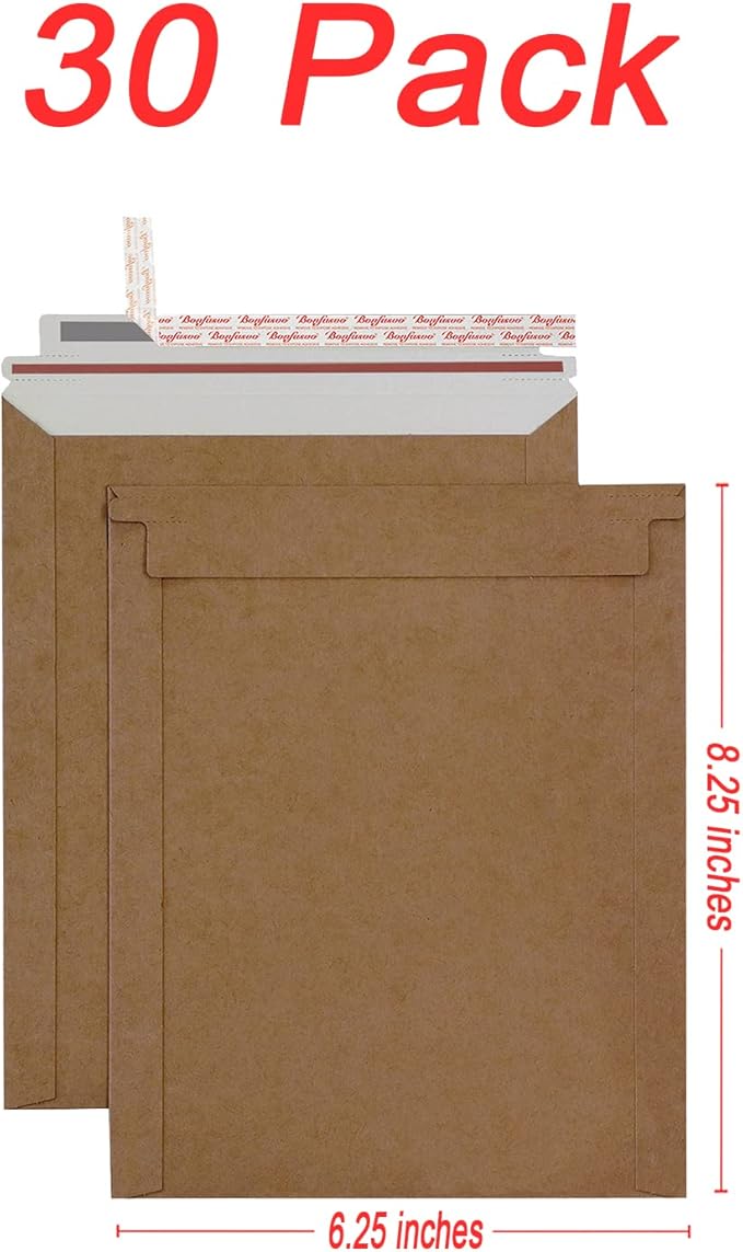 Rigid Mailers 30 Pack 6.25 x 8.25 inches Brown Self Seal Stay Flat Bulk Cardboard Kraft No Bend Mailers Peel and Seal for Document Photos Pictures Papers Files CD