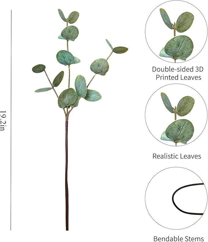 6 Pcs Artificial Eucalyptus Stems, 19.2 inch Artificial Green Plant Decorations, Suitable for Various vases, for Living Room, Office, Coffee Table, Home Decor