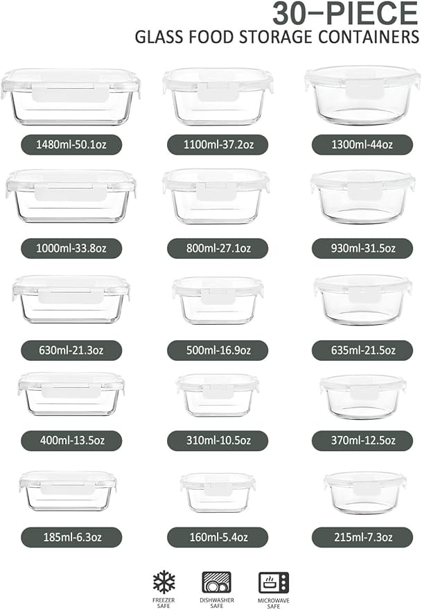 30 Pieces Glass Food Storage Containers with Upgraded Snap Locking Lids,Glass Meal Prep Containers Set - Airtight Lunch Containers, Microwave, Oven, Freezer and Dishwasher Friendly (White)