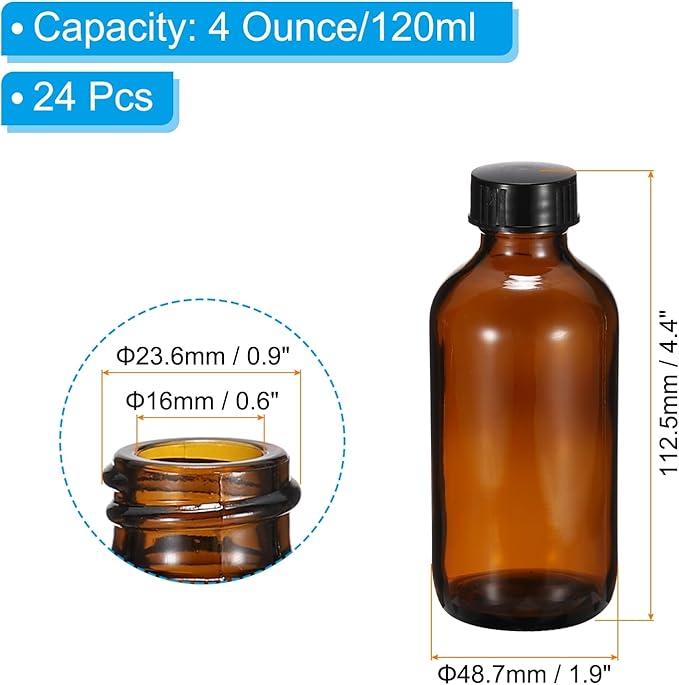 PATIKIL 4oz(120ml) Glass Sample Bottles, 24Pcs Round Bottle Dispensing Bottles with Black Poly Cone Cap for Reagent Liquids, Essential Oils, Perfume, Amber