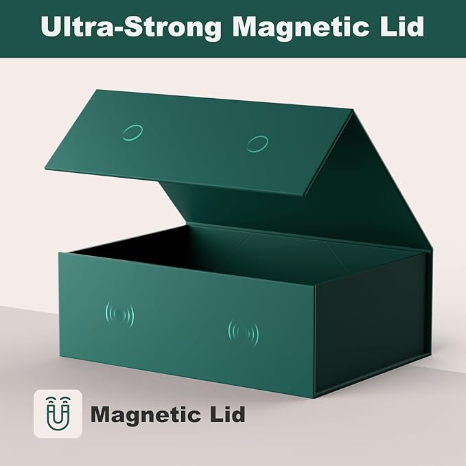 HongCai printing Large Gift Box with Lids Green: 13.5×10×5 Inches Packaging with Magnetic Lid - Holds Christmas Birthdays Holiday Gifts - Ideal for Couples Friends Family
