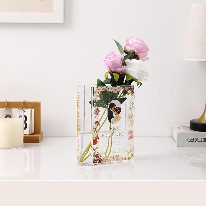 Book Vase for Flowers, Glass Book Shaped Vase, Clear Flower Vases, Large Glass Vases for Home, Office, Bedroom, Living Room, Dining Table, Bookshelf(Pride)