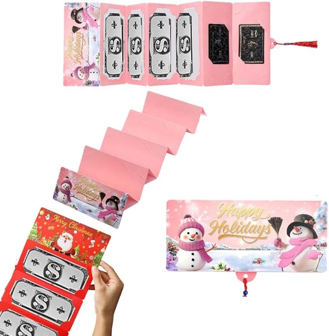 Christmas Cash Gift Envelopes, 2025 New Christmas Money Holders for Cash, Money Envelopes with 10 Slots, DIY Holiday Surprise Card Holder for Xmas Gift (Pink)