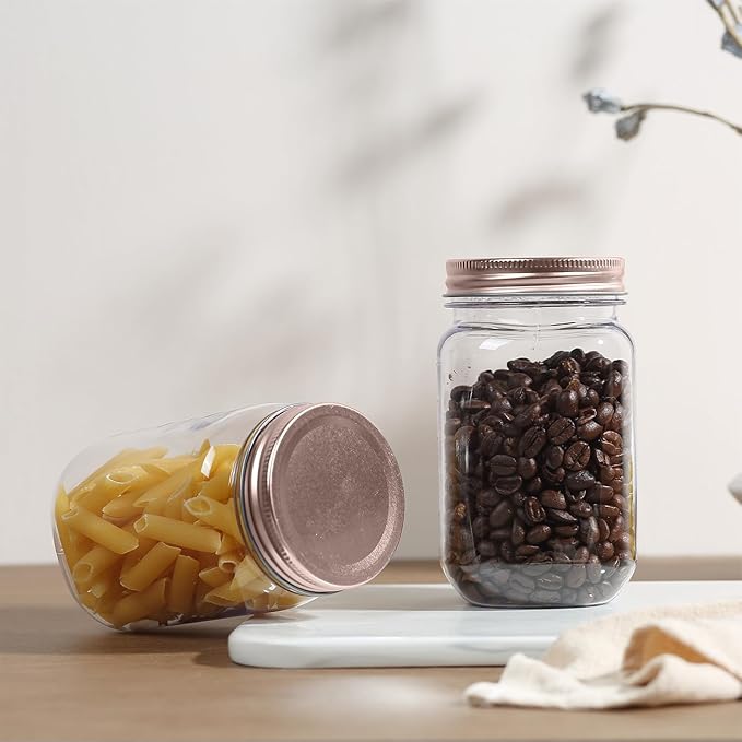 novelinks 16 oz Clear Plastic Jars with Screw-On Lids - BPA-Free Refillable Storage Containers for Slime, Food, Crafts, Kitchen & Household Use (24 Pack,Rose Gold)