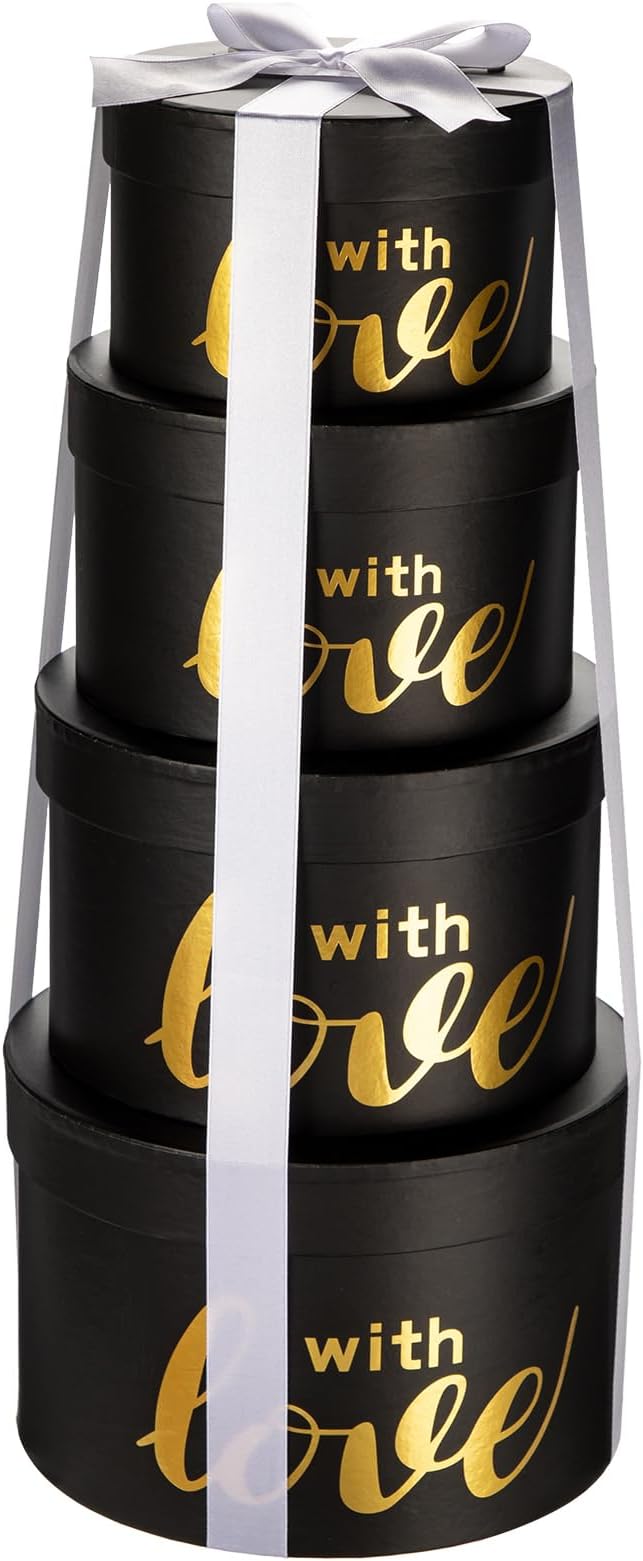 Luxury Round Nested Gift Boxes with Lids (Set of 4) – Reusable Sturdy Cardboard Gift Box Set for Birthdays, Weddings, Anniversaries, Christmas, and Valentine’s Day – Black & Gold