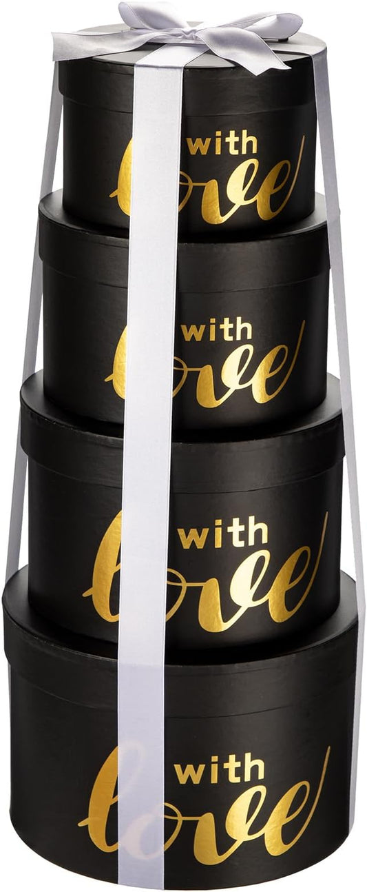 Luxury Round Nested Gift Boxes with Lids (Set of 4) – Reusable Sturdy Cardboard Gift Box Set for Birthdays, Weddings, Anniversaries, Christmas, and Valentine’s Day – Black & Gold