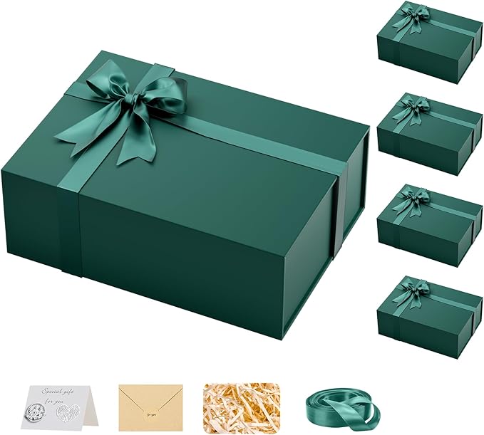 HongCai printing Large Gift Box with Lids Green: 5 Pack 13.5×10×5 Inches Packaging with Magnetic Lid - Holds Christmas Birthdays Holiday Gifts - Ideal for Couples Friends Family
