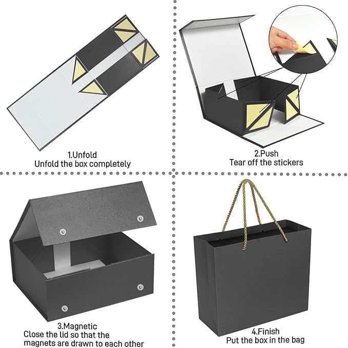 Elegant Gift Boxes with Gift Bag for Presents with Lids Magnetic Closure Rectangle Collapsible for Christmas, Valentine's Day, Birthday Gift Packging (Black)