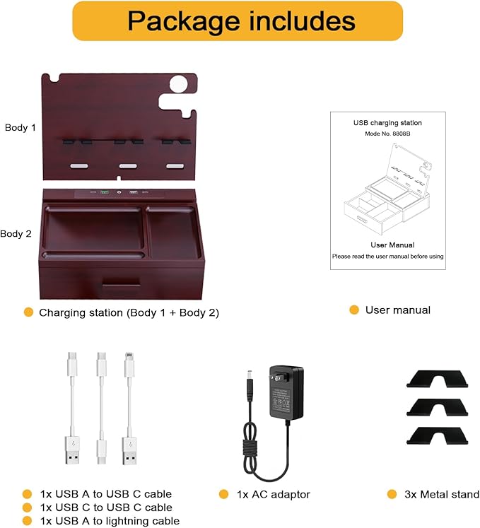 Wood Phone Docking Station with Drawer 4 USB Nightstand Organizer Charging Station with QC 3.0 & PD USB C Fast Charger for iPhone Android Mens Jewelry Box Anniversary Birthday Gifts for Men