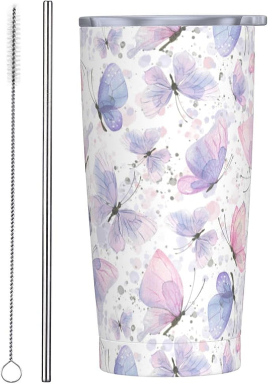Pink Purple Butterflies Tumbler,Butterflies 20oz Stainless Steel Insulated Travel Tumblers,Travel Coffee Mug with Lid and Straw Water Bottle Drink Tumbler Cups Gifts for Women Men Lovers
