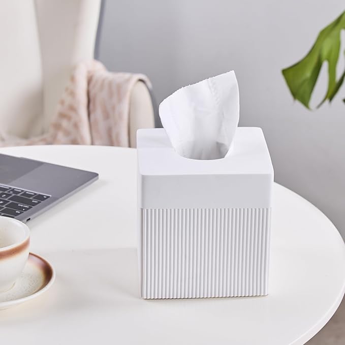 White Tissue Box Cover Square Resin Tissue Holder for Home Decor, Hand Poured Marble Ribbed Cube Tissue Box Holder – 5.5 Inch Heavy Duty Luxury Tissue Box Case for Bathroom, Living Room, Office
