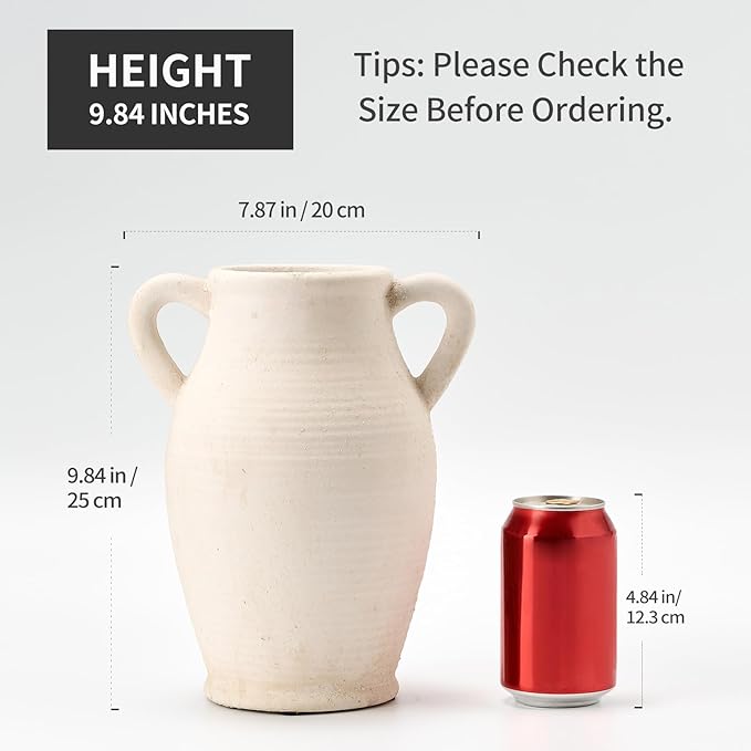 Large Ceramic Rustic Vase with 2 Handles, 9.8 inch Farmhouse Flower Vase, Minimalist for Home Decor, Living Room, Shelf Decor, Pampas Grass, Enterway, Table Decoration, Gift, Off White