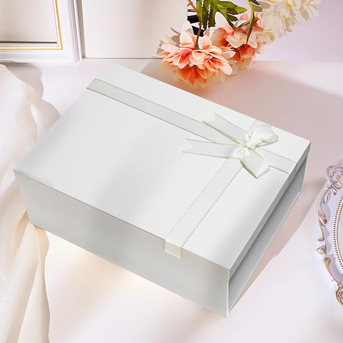 2 Pack Large Gift Boxes with Lids for Presents, 13"x10"x5" White Gift Wrap Boxes, Foldable Box for Gifts, Sturdy Present Box for Birthdays, Anniversaries, Festivals or Special Celebration