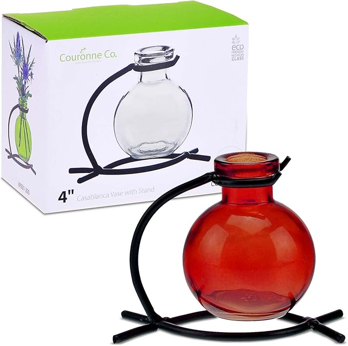 Couronne Company M501-200-06 Casablanca Recycled Glass Vase & Metal Stand, 4", Red, 1 Piece