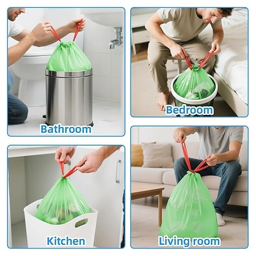 OKKEAI 2.6 Gallon Drawstring Trash Bags, 60 Count Small Green Bathroom Garbage Bags, Heavy Duty Tear-Resistant & Leak-Proof Wastebasket Liners for Kitchen, Bathroom, Office