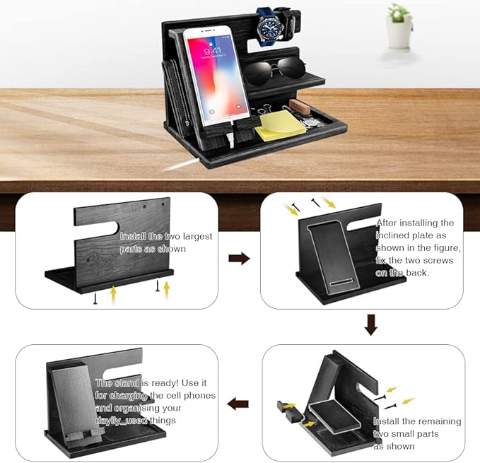 Gifts for Men Christmas, Wood Phone Docking Station, Mens Gifts for Birthday or Gifts for Dad Fathers Day, Desk Workspace Organizer Nightstand Organizer Key for Wallet & Watch Holder Husband Christmas