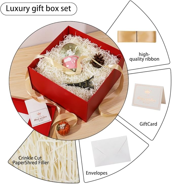 UoeRing 1Pcs Red Extra Large gift box with lids 13×13×7 Inches gift boxes for presents,Birthday Box (include Ribbon, Paper Shred Filler Gift Card & Envelopes)