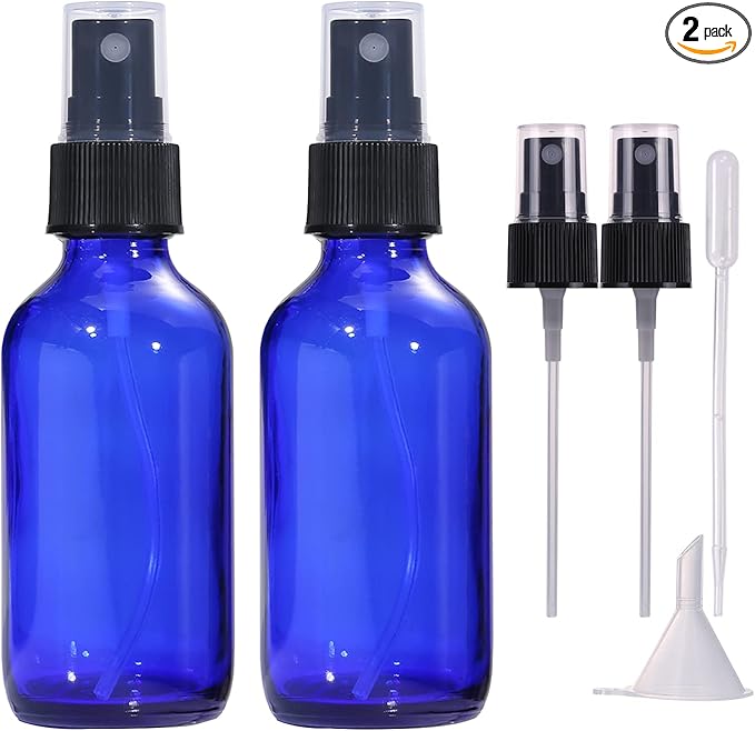 60ml Blue Glass Spray Bottles,Small Empty Fine Mist Perfume Refillable Reusable Travel Spray Bottle for Essential Oils/Hair/Aromatherapy/Cleaning/Cosmetic with Extra Spray Nozzle(2 Pack)