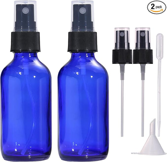 60ml Blue Glass Spray Bottles,Small Empty Fine Mist Perfume Refillable Reusable Travel Spray Bottle for Essential Oils/Hair/Aromatherapy/Cleaning/Cosmetic with Extra Spray Nozzle(2 Pack)