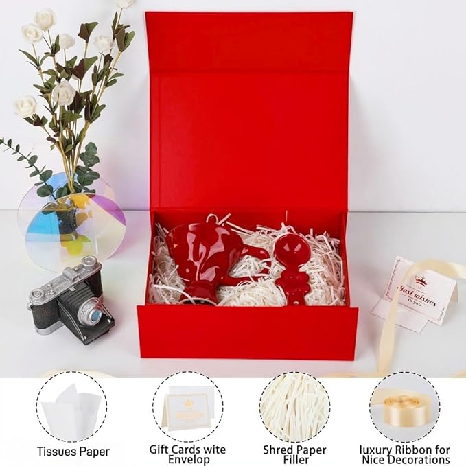 UoeRing 1 Pcs Red Gift Box 11.5x8x4 inch Luxury Gift Box for Presents with Magnetic Lid Collapsible,Valentine's Day,Christmas,Contains Card, Ribbon, Tissue Paper,Shredded Paper Fille