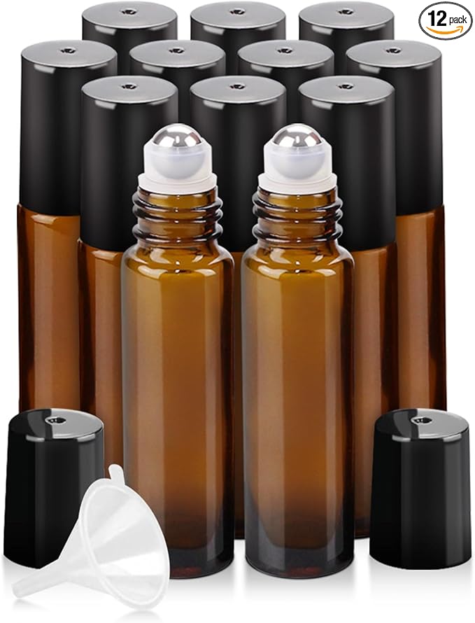 12 Pack Essential Oil Roller Bottles, 10ml Refillable Amber Glass Roller Bottles with Stainless Steel Roller Balls and Caps for Travel, Perfume and Lip Gloss