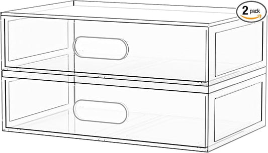 2 Pack Clear Makeup Storage Drawer, 12.1''W Stackable Bathroom Organizers and Storage Drawer, Acrylic Cosmetic Display Case For Vanity, Undersink, Cabinets, Desk Organizer