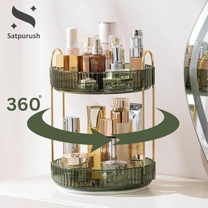 360° Rotating Makeup Organizer – 2-Tier Spinning Cosmetic Holder for Vanity, Countertop, Bathroom & Dresser – Perfume, Skincare & Cosmetic Care Organizer (Clear Green, 2 Tier)