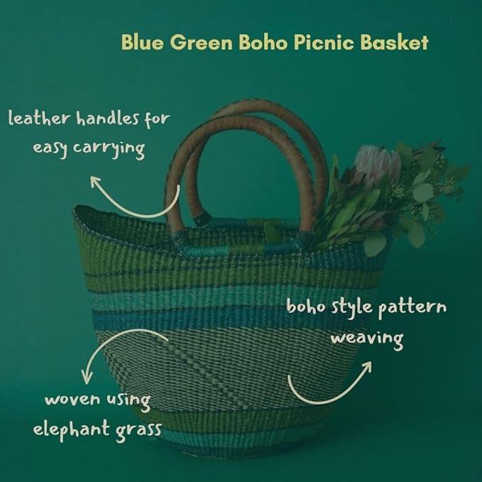 Blue Green Picnic Basket, Kitchen & Dining Storage, Reusable Grocery Bag, Countertop Fruits Holder, Farmers Market, Beach, Harvesting, Foraging, Decorative, Wicker, Woven, Boho Style