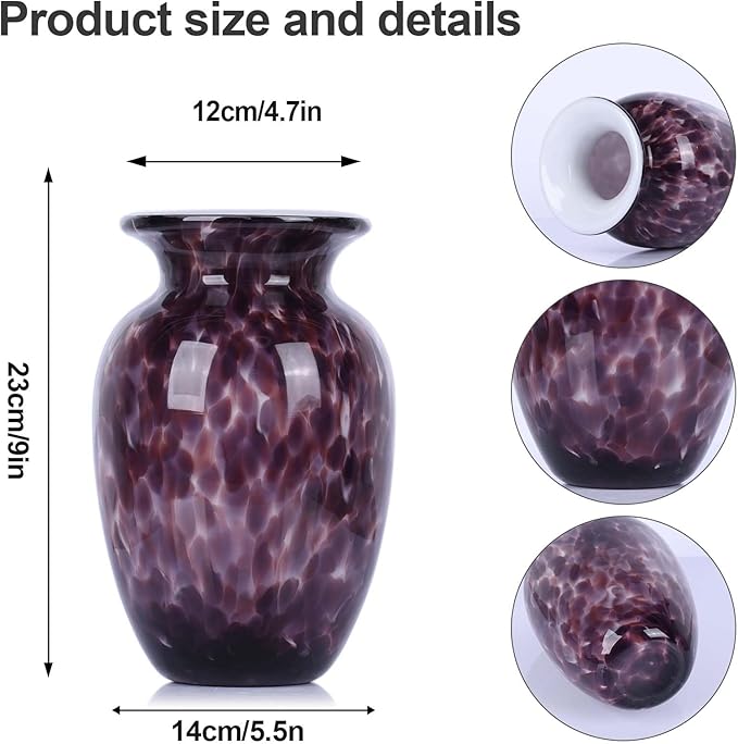 9" Purple Hand Blown Glass Vase – Murano Style Art Glass Sculpture, Stained Colorful Flower Vase for Table Centerpieces, Lavender Glass Decor for Entryway, Bookshelf, Office or Bathroom (Purple)