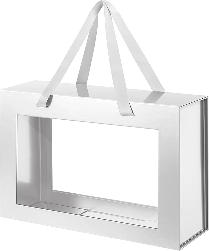 Large Silver Clear Gift Box, 13.5x9x4.1 Inches Gift Box with Window by Handle, Bridesmaid Proposal Box, Collapsible Gift Box with Magnetic Closure (Glossy Silver, 1 Pack)