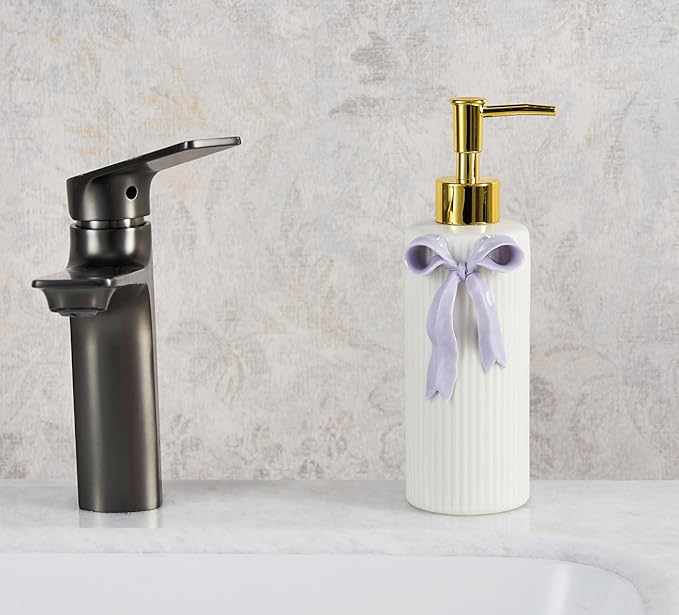Handmade Ceramic Bow Soap Pump Dispenser Hand Lotion Liquid Dispenser Refillable for Kitchen and Bathroom Decorative (Ribbon Lavender)