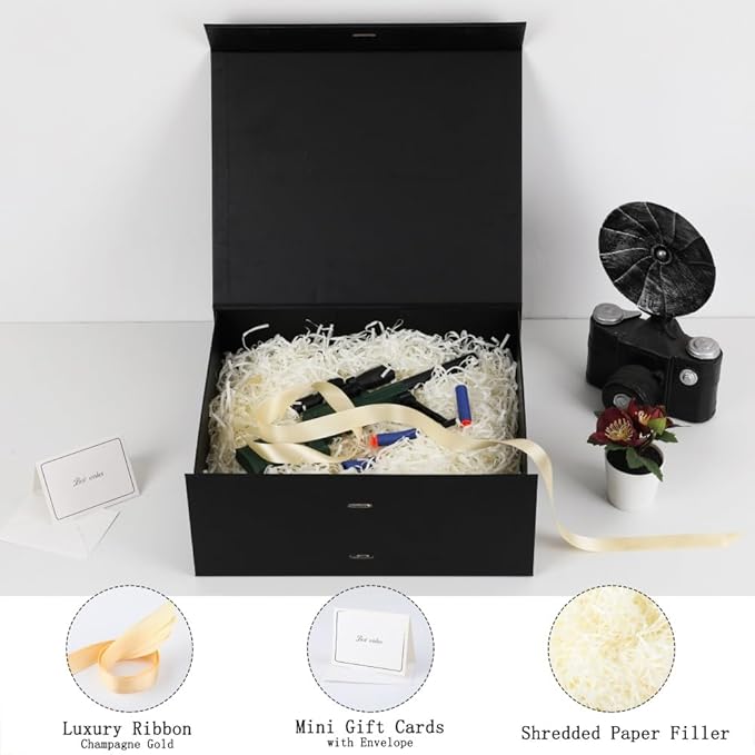 Large Black Gift Boxes with Lids - 5 Pack, 13x11x5.3 Inch, Foldable, with Ribbon, for Presents, Easter, Groomsman Proposal Box, Shredded Paper, Cards