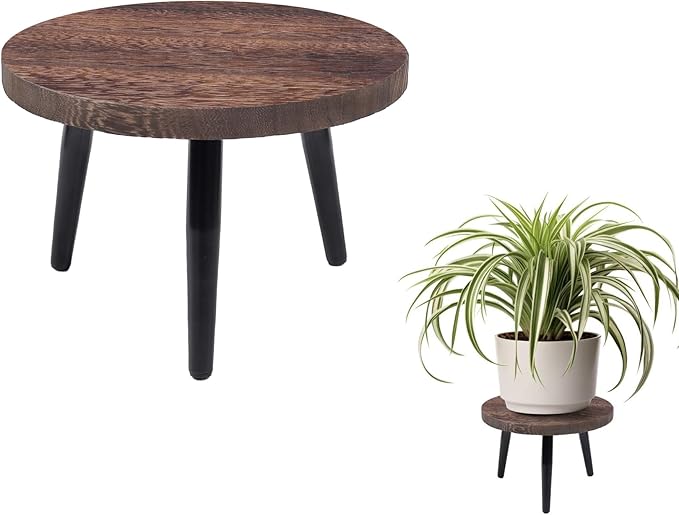 8 Inch Plant Stand, Small Floor Indoor Plant Stand, Mid Century Wood Planter Stand with Metal Legs, Round Modern Plant Stool for Indoor Outdoor Flower Pots, Brown