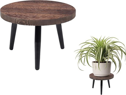 8 Inch Plant Stand, Small Floor Indoor Plant Stand, Mid Century Wood Planter Stand with Metal Legs, Round Modern Plant Stool for Indoor Outdoor Flower Pots, Brown