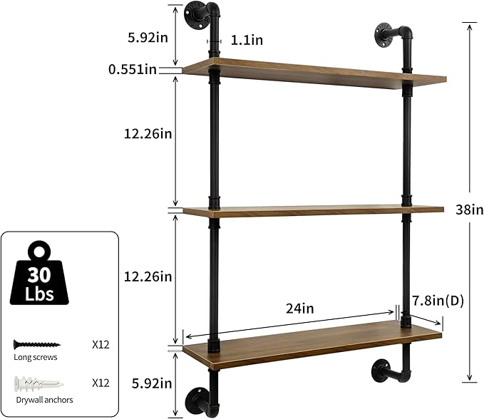 3-Tier Industrial Pipe Floating Shelf – Rustic 24 inch Wood Wall-Mounted Storage Shelf for Kitchen Office,Bathroom & Home Decor -Walnut
