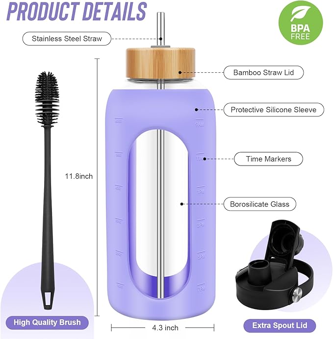 Glass Water Bottles 64 oz - Half Gallon Large Motivational Daily Water Intake Bottle Time Marker - Glass Water Bottle With Straw, Silicone Sleeve 2 Lids, Handle Spout & Bamboo Lid(Purple)