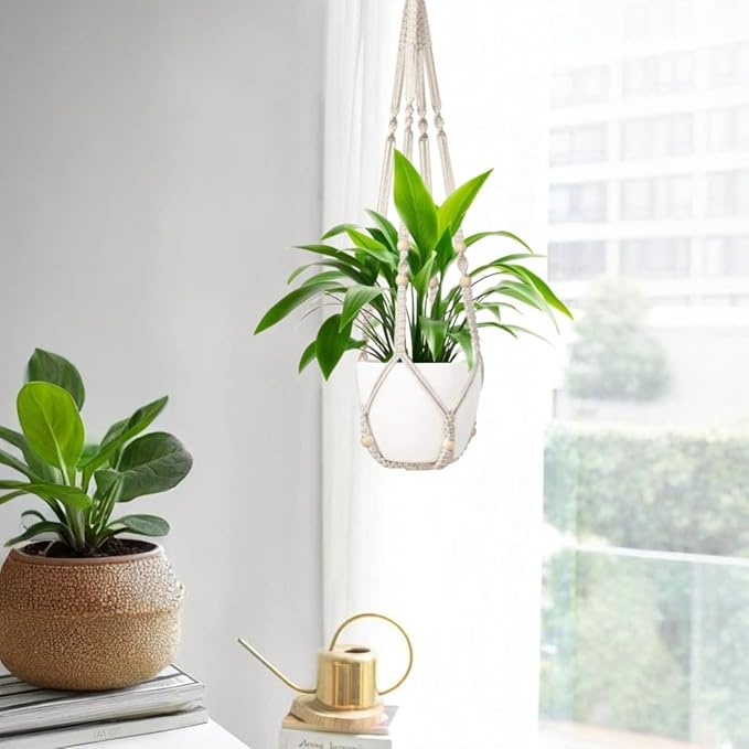 3 Pack Macrame Plant Hanger,Hanging Plant Holder, Boho Home Decor Hanging Basket with Wood Beads,Hanging Planters for Indoor Plants,Plant Hanger Indoor 35"/29"/23" Ivory (POTS NOT Included)