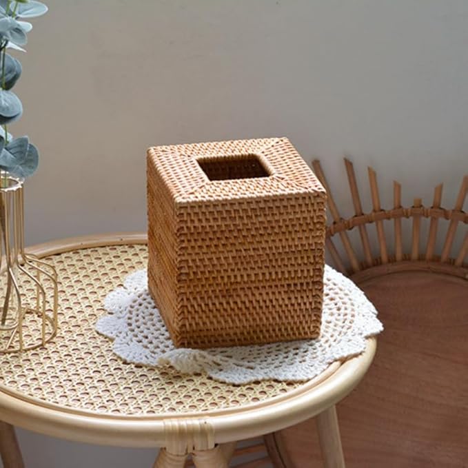 Rattan Tissue Box Cover Square, Wicker Tissue Box Holder, Decorative Woven Facial Tissue Holder for Bathroom, Kitchen, Living Room, Bedroom (Natural)
