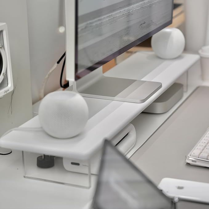 Bamboo Monitor Stand Riser with Acrylic Legs for Desk, 31.5 Inches Desktop Shelf Supports for PC Computer Monitor, Laptops, Printer, Speakers (White)