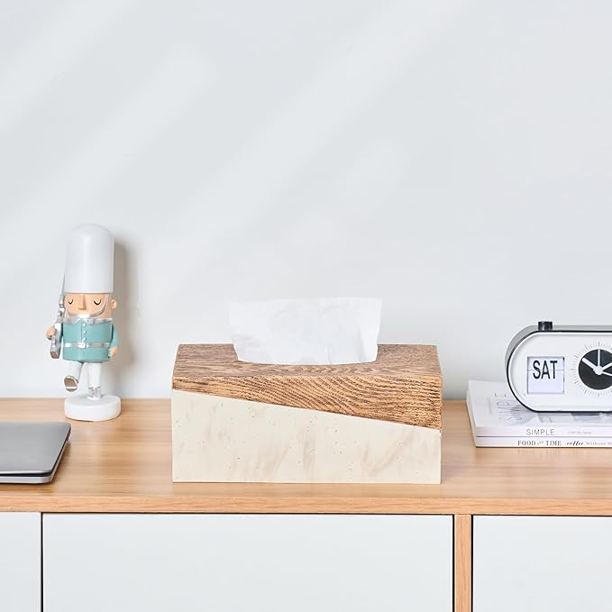 Rectangular Natural Travertine and Rustic Wood Textures Tissue Box Cover for Bathroom,Livingroom,Bedroom, Hand-Made Resin Wood Inlaid Travertine Tissue Box Holder,10 x 5.7 x 4.5 in