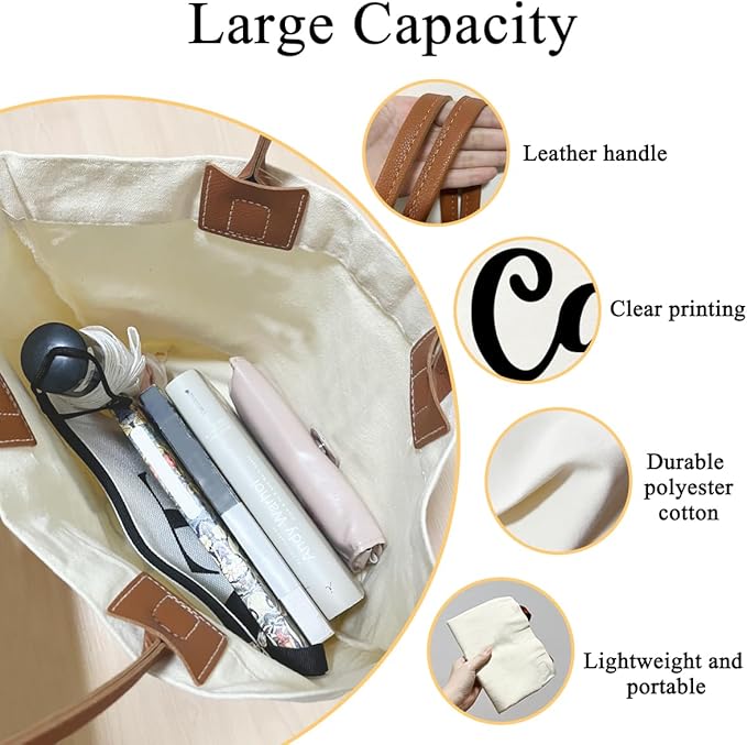 Canvas Tote Bag for Women, Birthday Gifts, Aesthetic Reusable Grocery Shopping Bags With Leather Handles