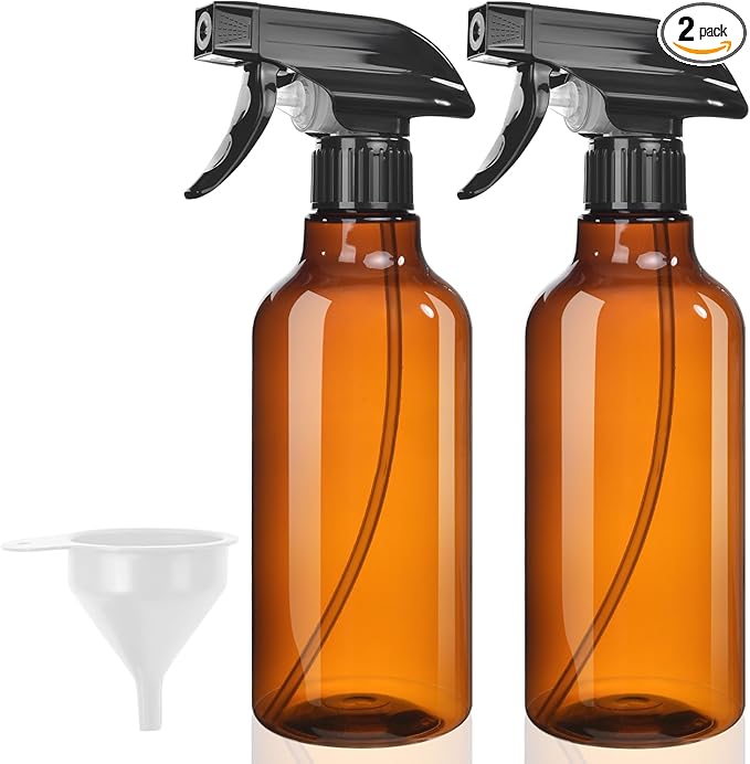 Plastic Spray Bottles, 2-Pack, 16.9 Oz, Mist & Stream, Heavy Duty Spraying, Empty Water Spray Bottle for Cleaning Solutions, Essential Oils, Hair, Plants, BBQ, Cat Dog Behavior Correction (Amber)