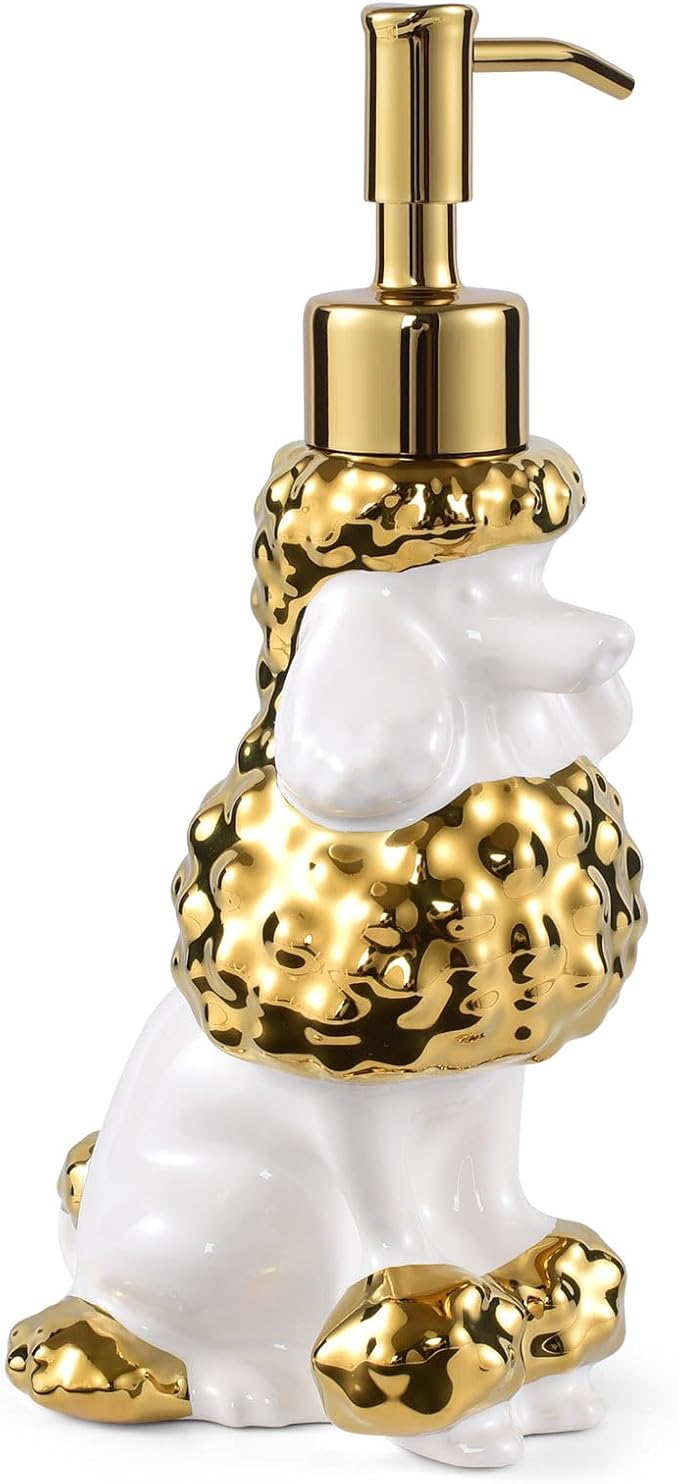 Poodle Shaped Soap/Lotion/Hand Sanitizer Ceramic Dog Lover Stainless Steel Pump Dispenser for Dog Mom Gifts, Refillable for Kitchen and Bathroom (Gold/White)