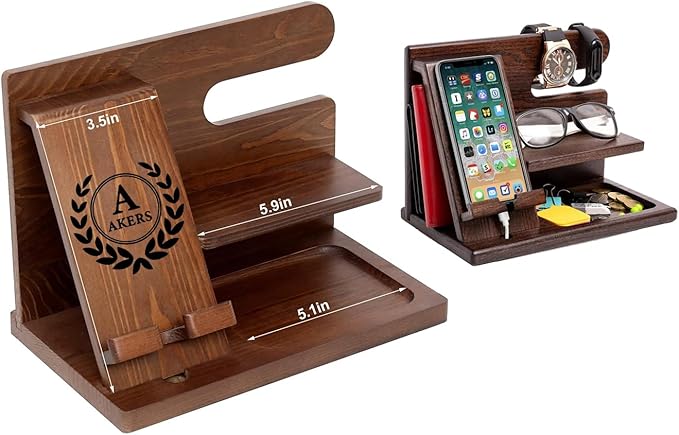 Wooden Nightstand Charging Station - Bedside Table Organizer for Men - Foldable Cell Phone Stand for Desk - Personalized Wood Docking Station