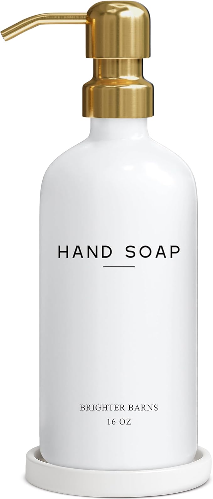 Luxury Glass Hand Soap Dispenser Bathroom Set by Brighter Barns - Hand Soap Dispenser with Stainless Steel Pump - Glass Bottle with Round Tray - White and Gold Bathroom Decor & Accessories (Gold)
