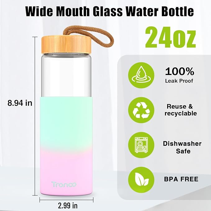 Tronco 24oz Glass Water Bottles with Bamboo Lid & Silicone Sleeve, Leak Proof, BPA Free, Reusable Borosilicate Glass Bottles for Juicing, Smoothies, Juice & Water, for Men & Women Gym, Office, Travel