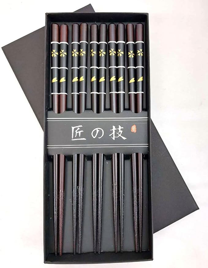 JapanBargain 4507, Bamboo Chopsticks Reusable Japanese Chinese Korean Wood Chop Sticks Hair Sticks 5 Pair Gift Boxed Set Dishwasher Safe, 9 inch (Gold-CherryBlossom)