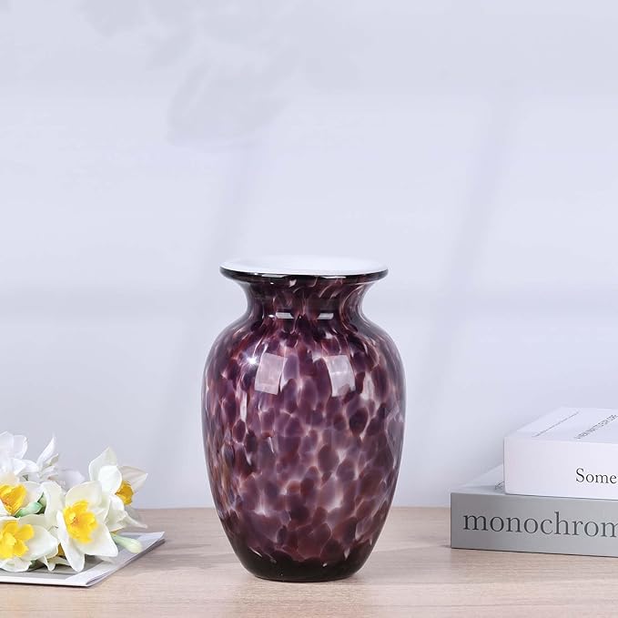 9" Purple Hand Blown Glass Vase – Murano Style Art Glass Sculpture, Stained Colorful Flower Vase for Table Centerpieces, Lavender Glass Decor for Entryway, Bookshelf, Office or Bathroom (Purple)