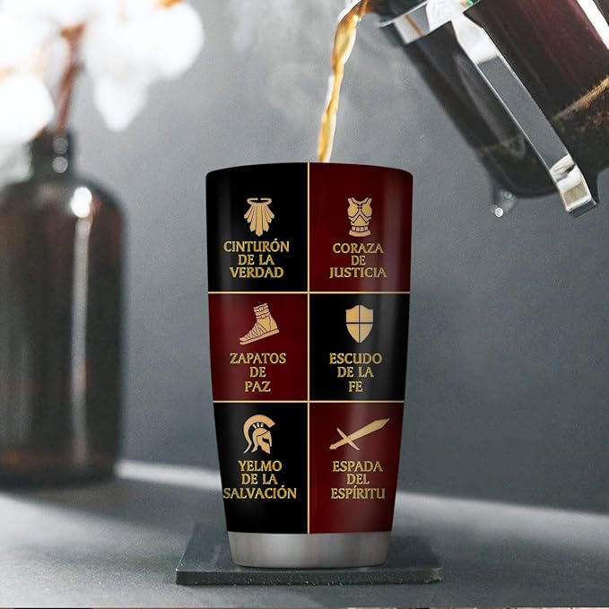 Jesuspirit Christian Gifts for Men, Women - Fathers Day, Pastor Appreciation Religious Gift For Men - Christian Coffee Mug - Armor Of God Stainless Steel Tumbler (Armor Of God (Spanish), 20OZ)